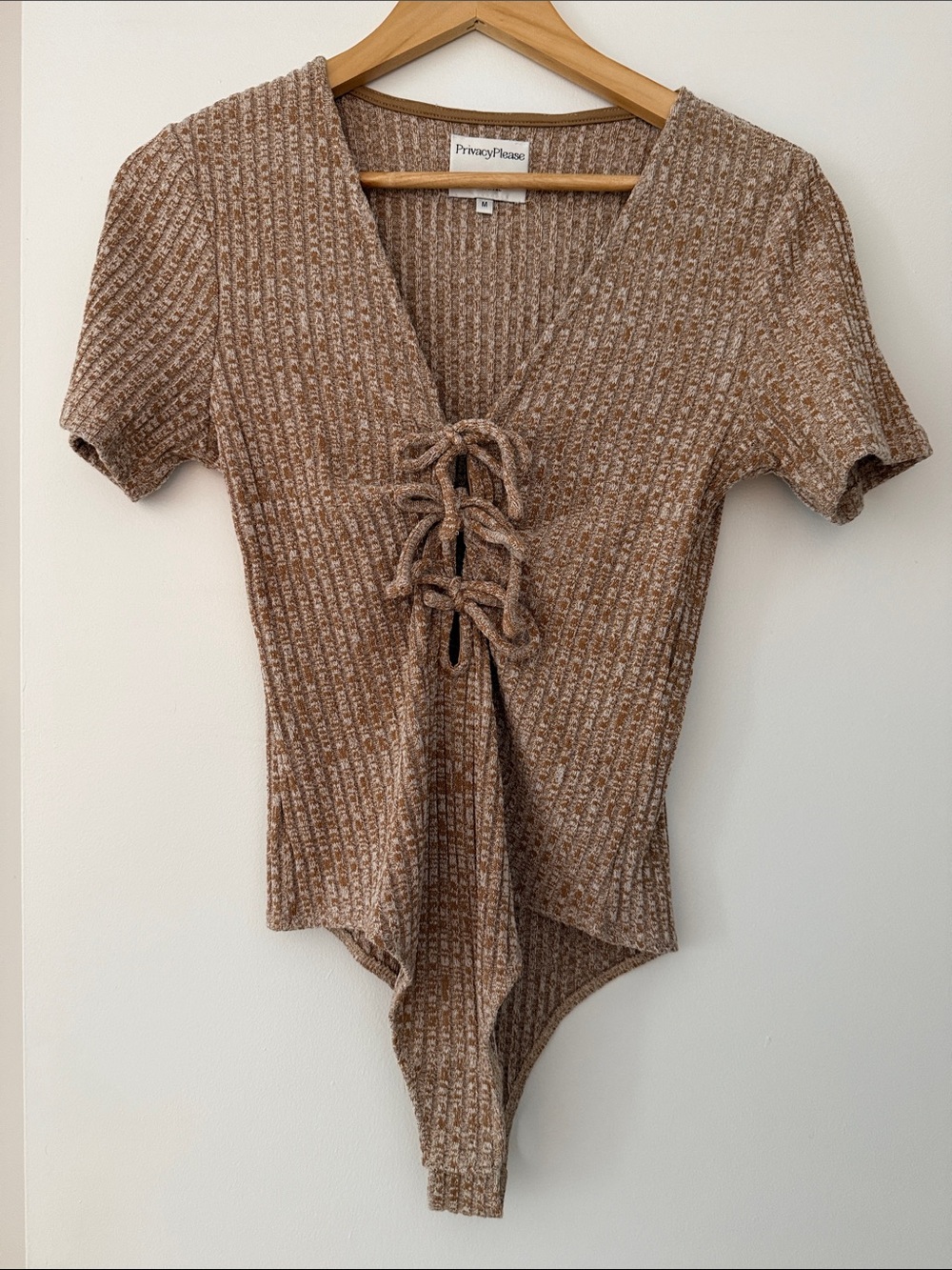 Privacy Please Xenia Ribbed Lace-Up V-Neck Bodysuit - Color Parish